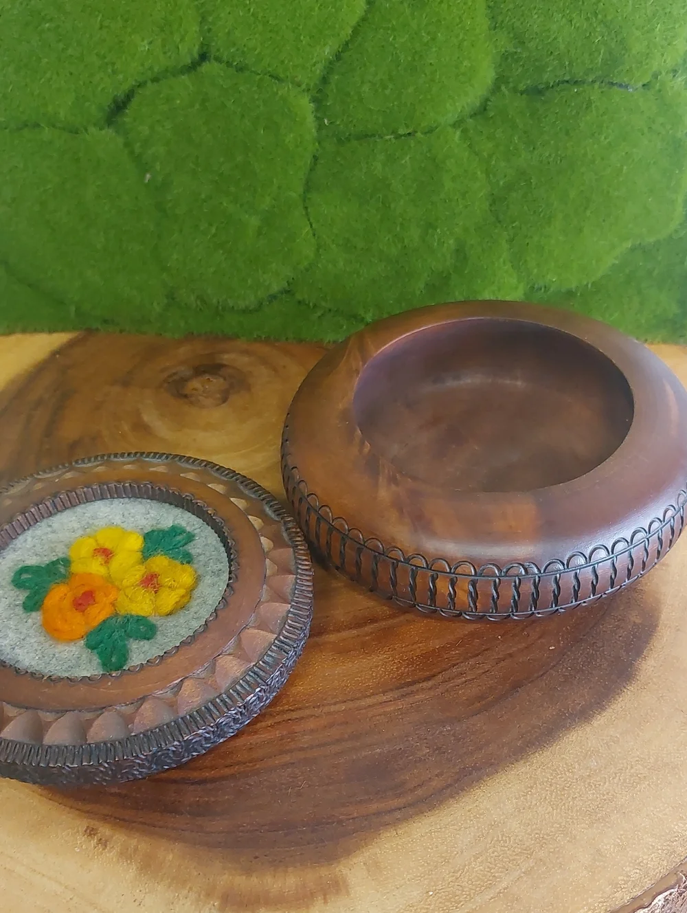 Vintage Carved Wood Trinket Box with Crewel Embroidered Floral Lid, Folk Art